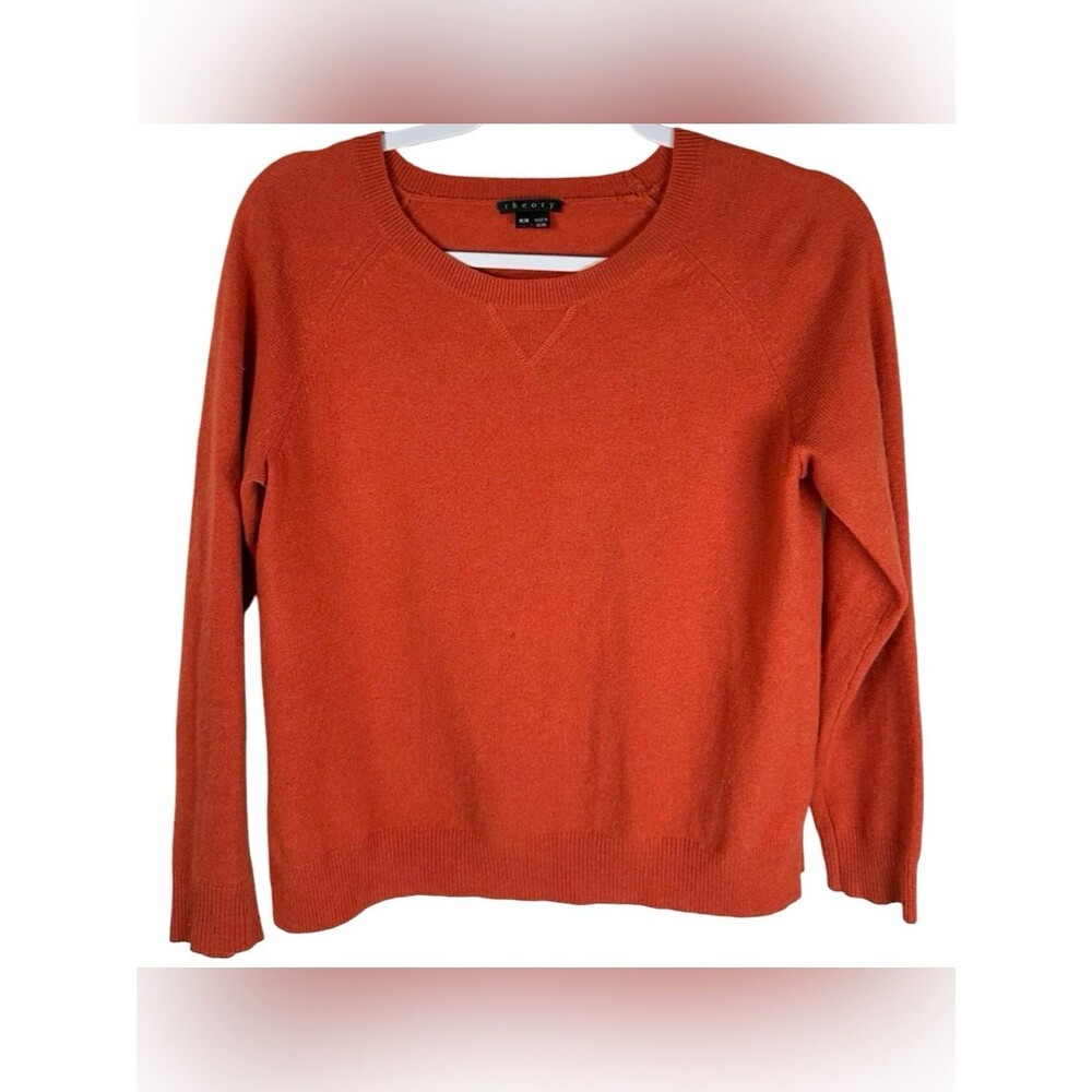 Theory Red Orange 100% Cashmere Knit Long Sleeve Crewneck Sweater Size Medium
